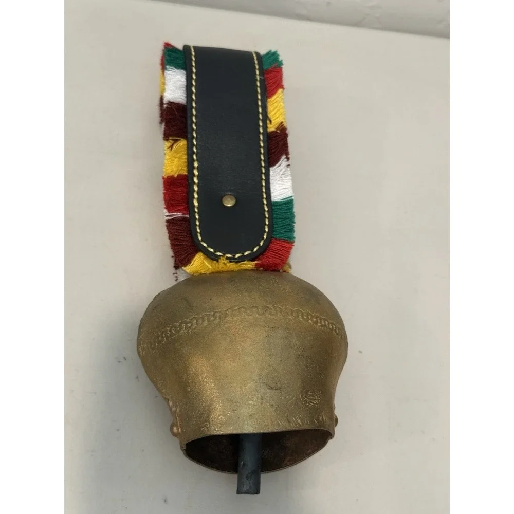 Vintage brass bronze cowbell decorated leather strap alpine folk art souvenir
